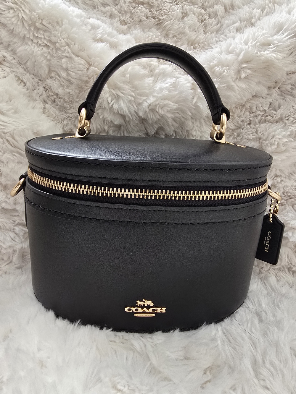 Coach Black Leather Top-Handle Mini Vanity Bag with Gold Hardware